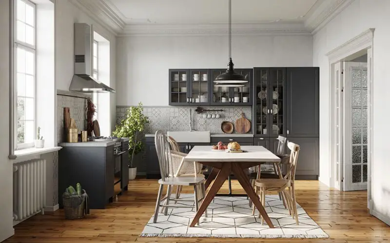 Small kitchen and dining area with kitchen rug